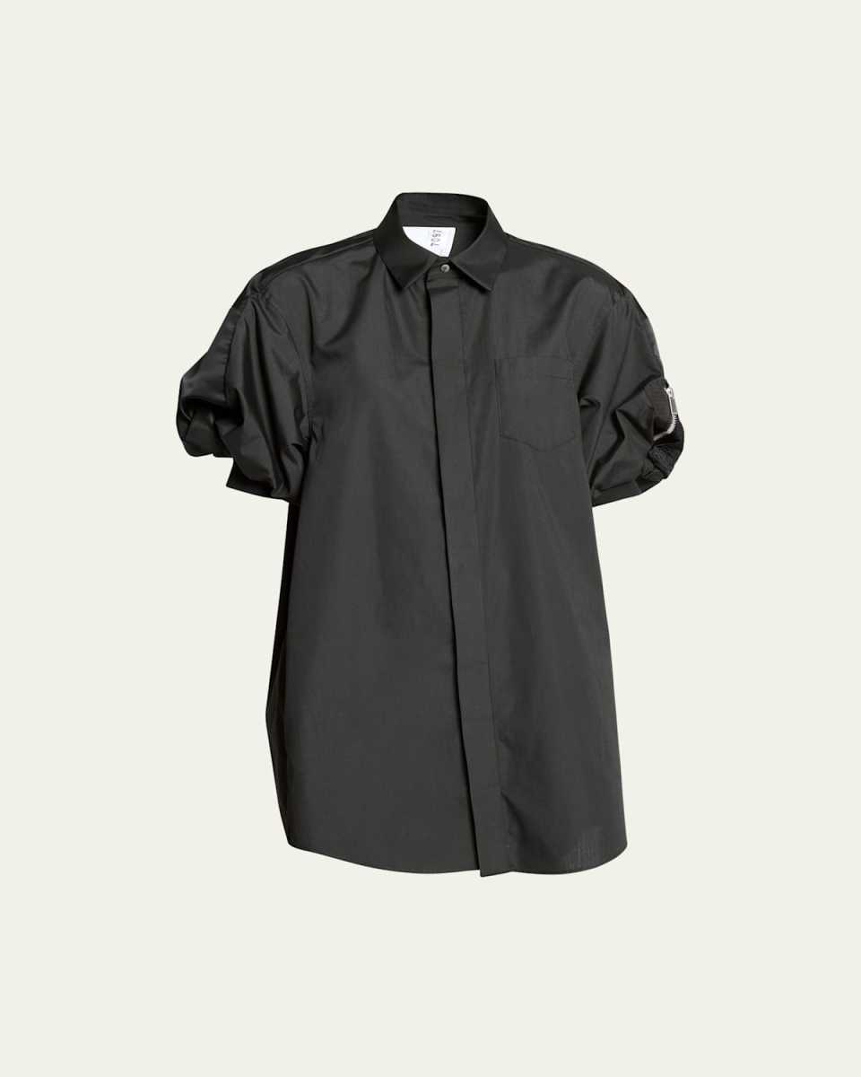 Puff-Sleeve Cotton Poplin Shirting Mini Dress
